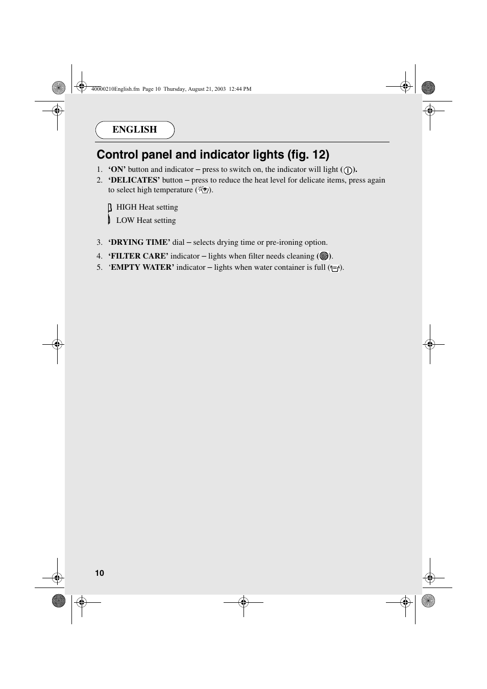Control panel and indicator lights (fig. 12) | Candy AB CDC 263 User Manual | Page 10 / 80