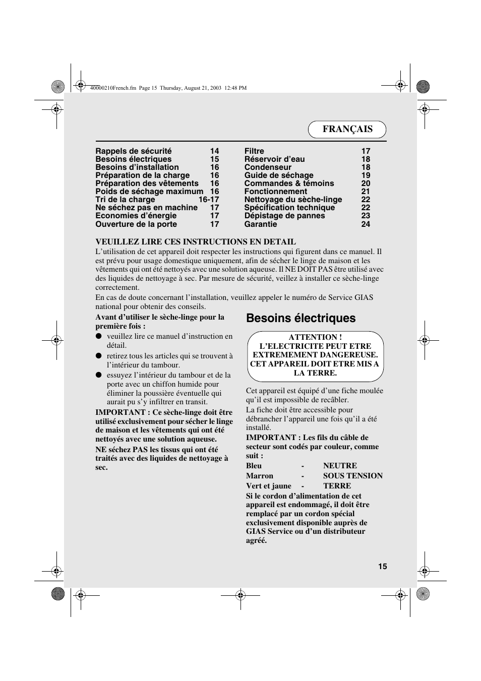 Besoins électriques, Français | Candy AB CDC 263 User Manual | Page 15 / 80