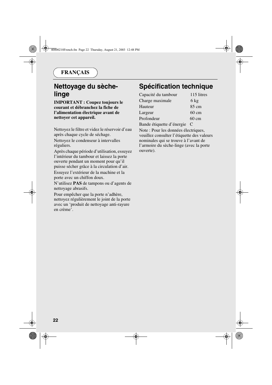 Nettoyage du sèche- linge, Spécification technique | Candy AB CDC 263 User Manual | Page 22 / 80