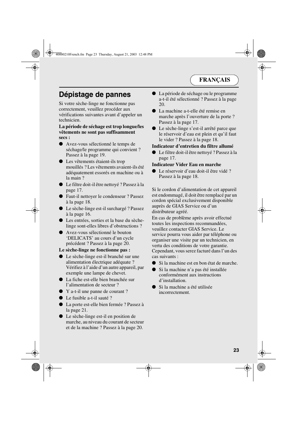 Dépistage de pannes, Français | Candy AB CDC 263 User Manual | Page 23 / 80