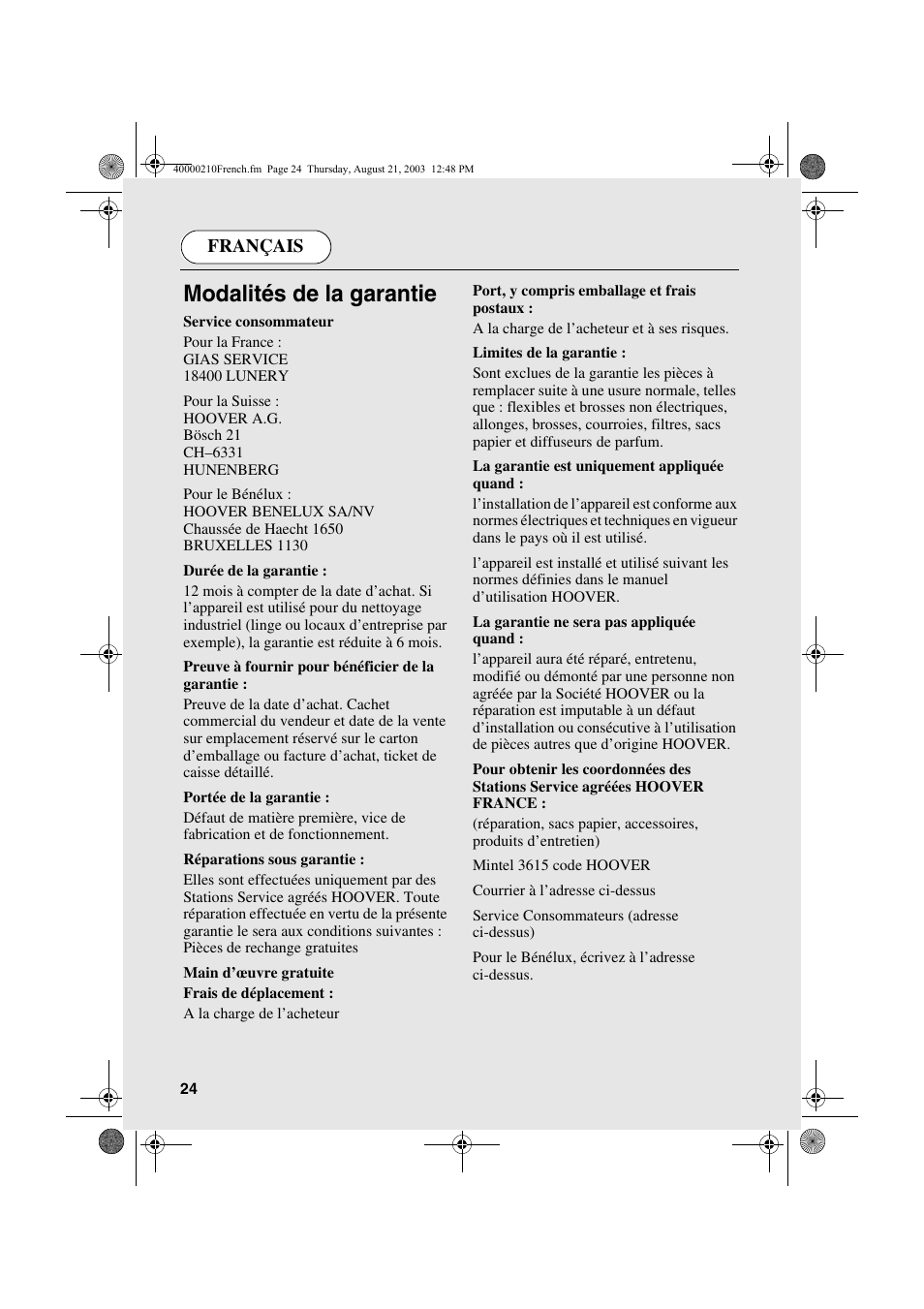 Modalités de la garantie, Français | Candy AB CDC 263 User Manual | Page 24 / 80