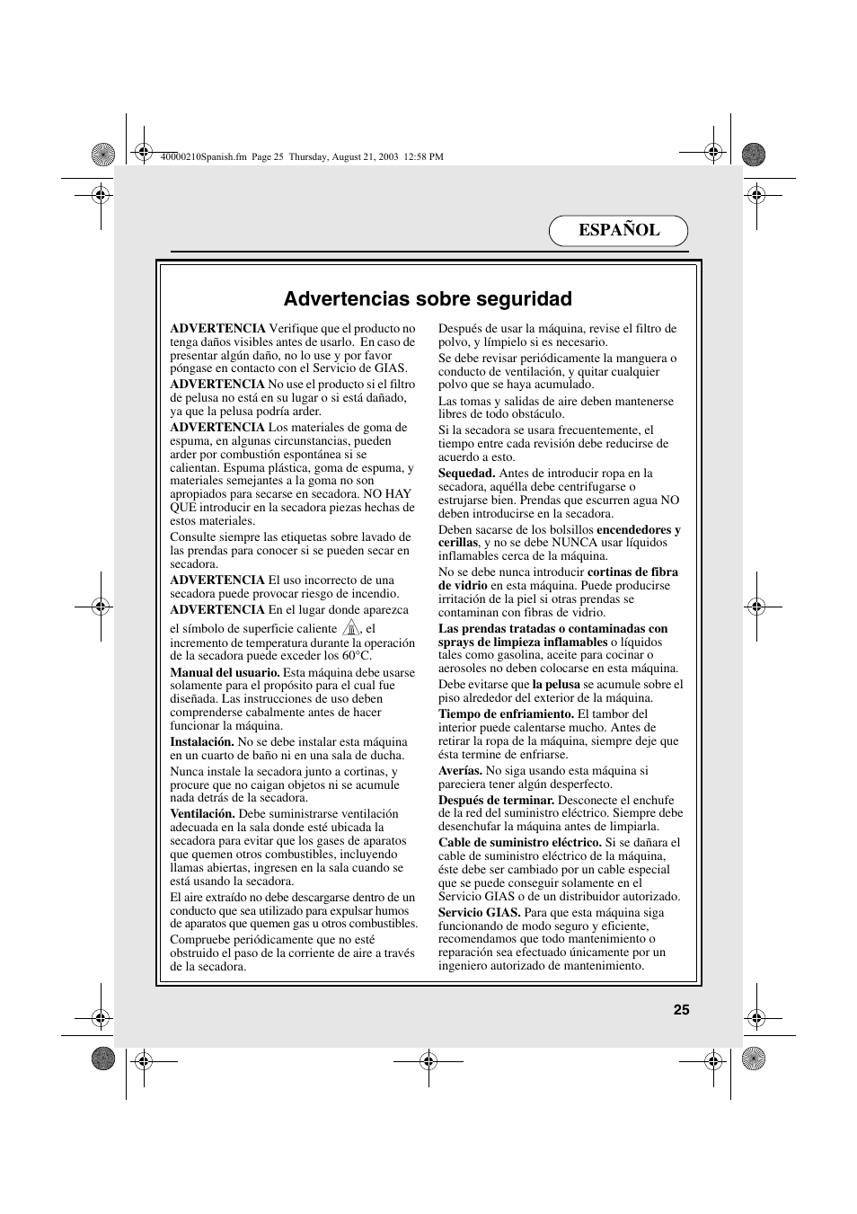 Advertencias sobre seguridad, Español | Candy AB CDC 263 User Manual | Page 25 / 80