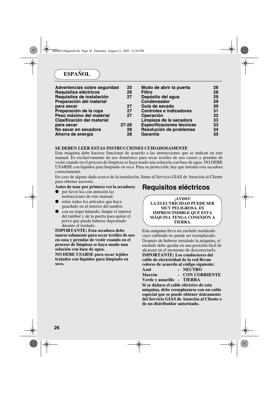 Requisitos eléctricos, Español | Candy AB CDC 263 User Manual | Page 26 / 80