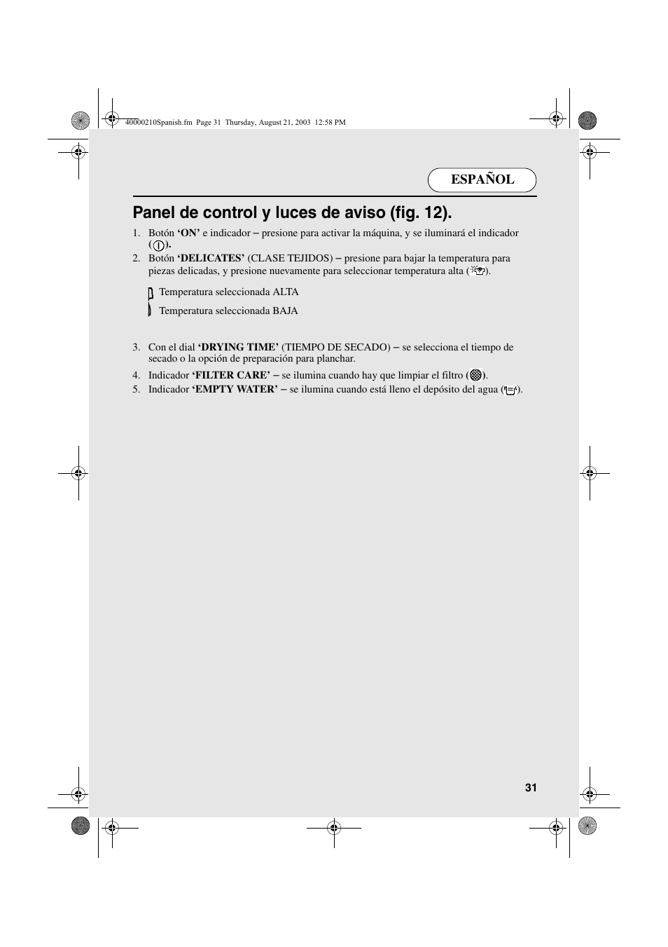 Panel de control y luces de aviso (fig. 12), Español | Candy AB CDC 263 User Manual | Page 31 / 80