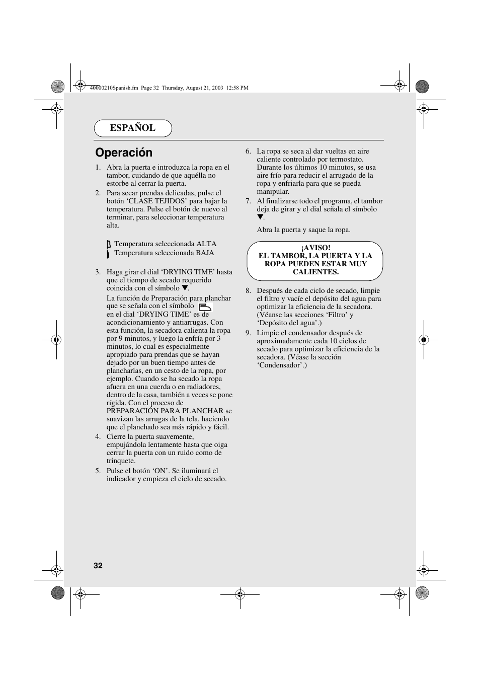 Operación, Español | Candy AB CDC 263 User Manual | Page 32 / 80