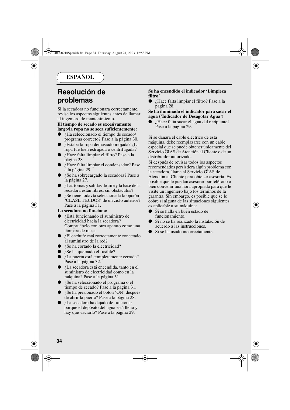 Resolución de problemas, Español | Candy AB CDC 263 User Manual | Page 34 / 80