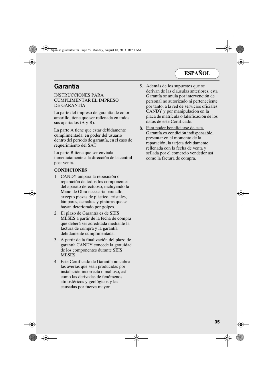 Garantía, Español | Candy AB CDC 263 User Manual | Page 35 / 80