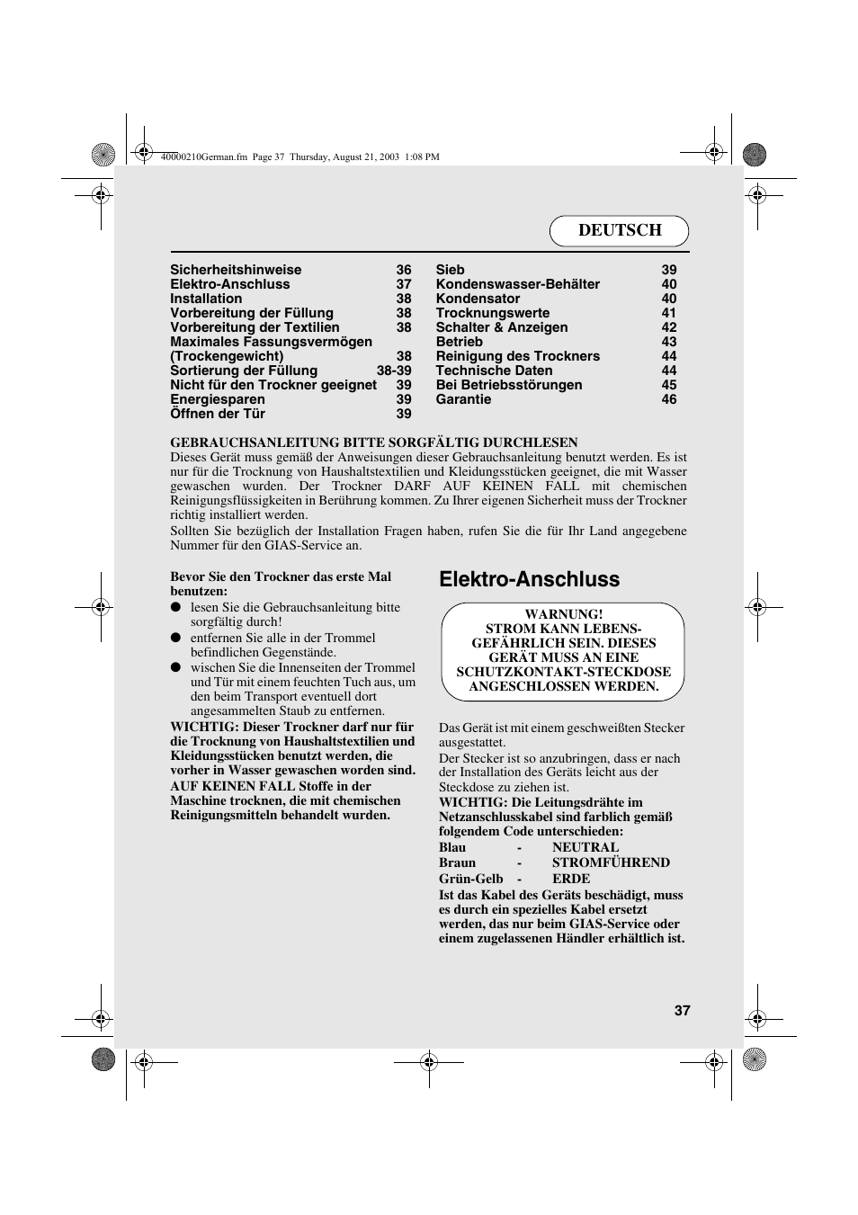 Elektro-anschluss, Deutsch | Candy AB CDC 263 User Manual | Page 37 / 80
