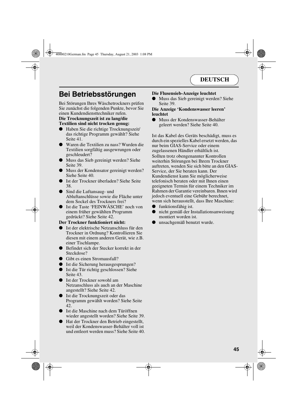 Bei betriebsstörungen, Deutsch | Candy AB CDC 263 User Manual | Page 45 / 80