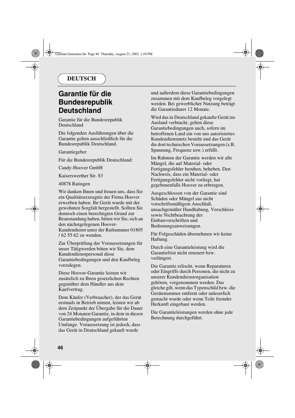 Garantie für die bundesrepublik deutschland, Deutsch | Candy AB CDC 263 User Manual | Page 46 / 80