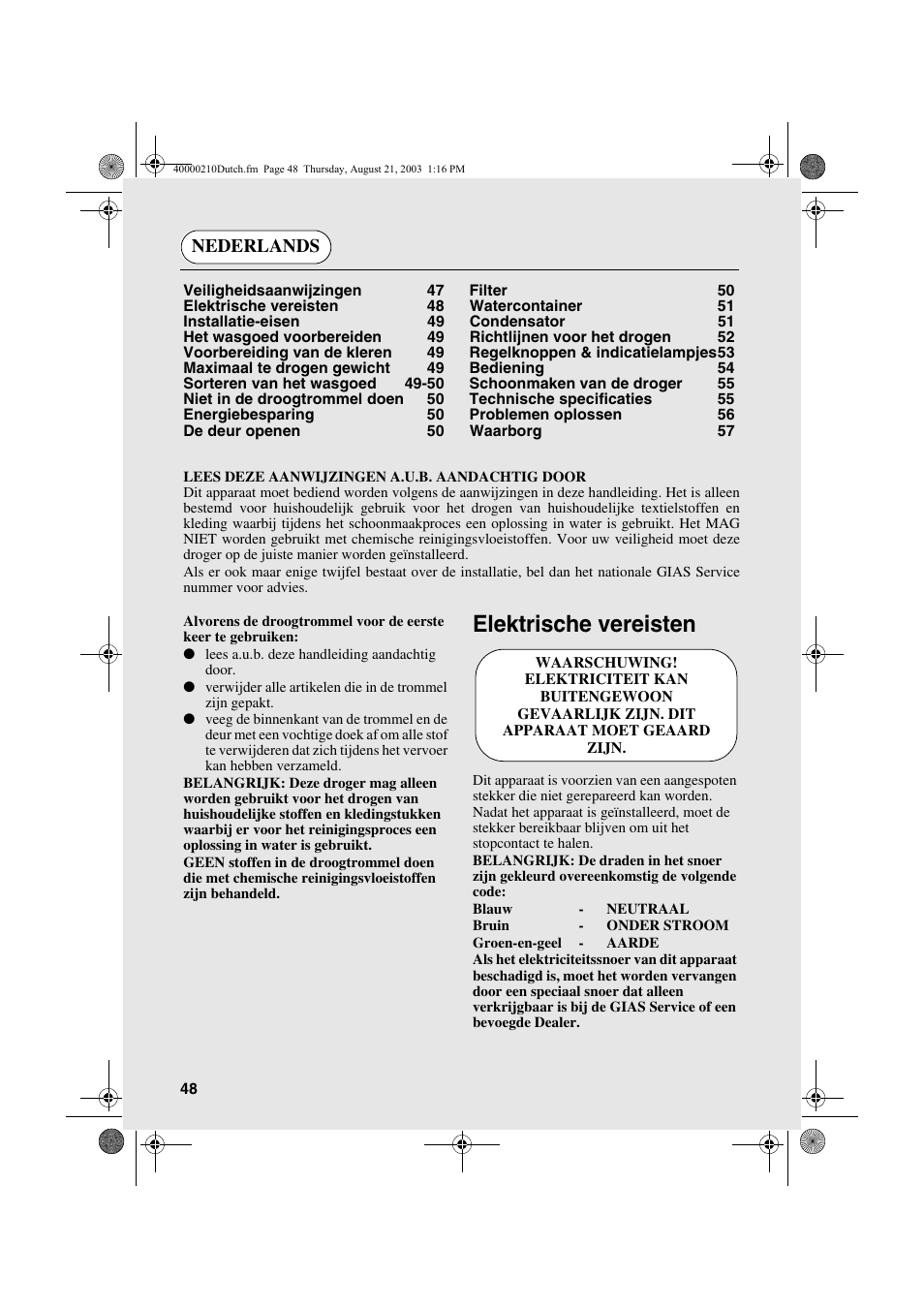 Elektrische vereisten, Nederlands | Candy AB CDC 263 User Manual | Page 48 / 80