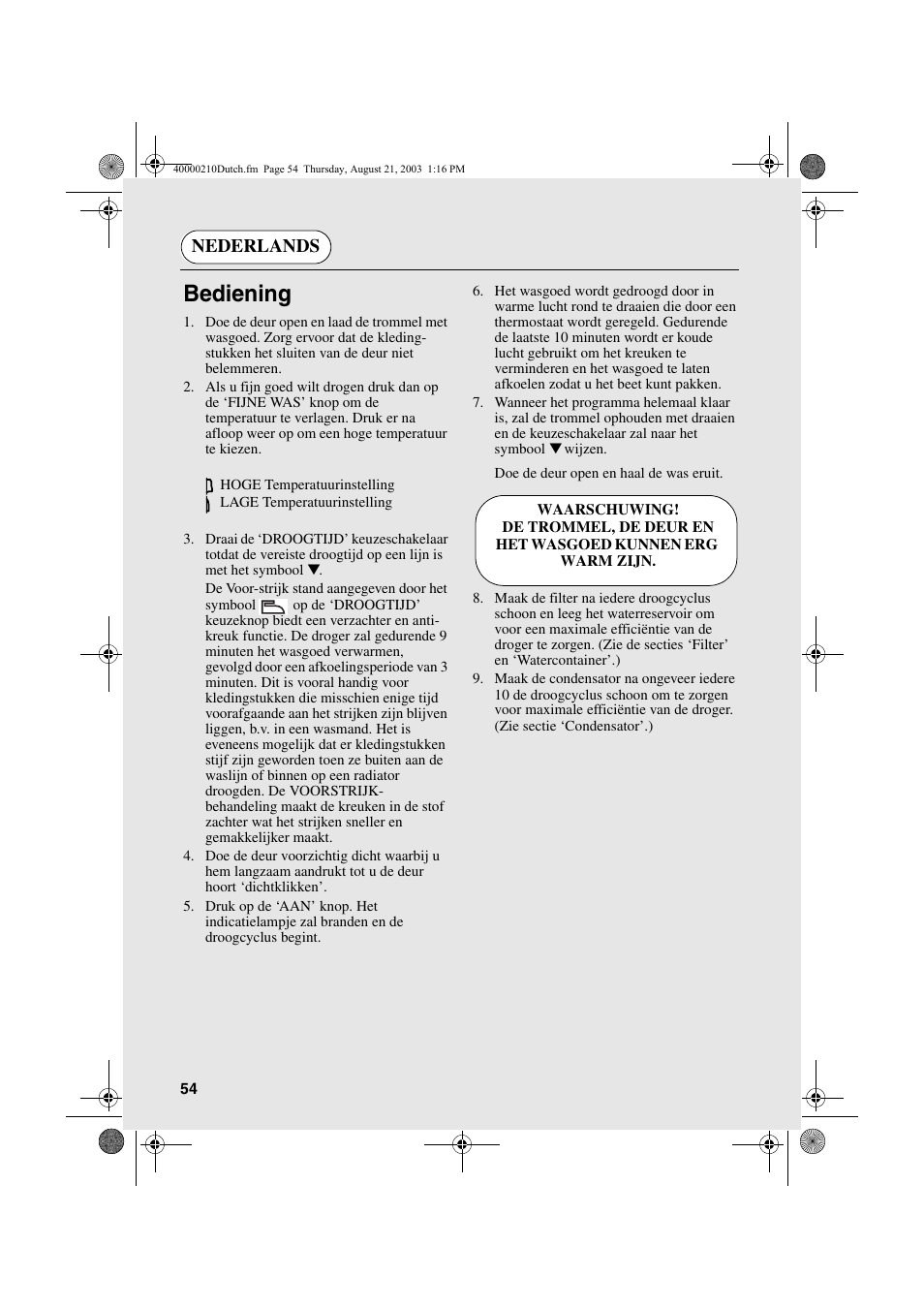 Bediening, Nederlands | Candy AB CDC 263 User Manual | Page 54 / 80