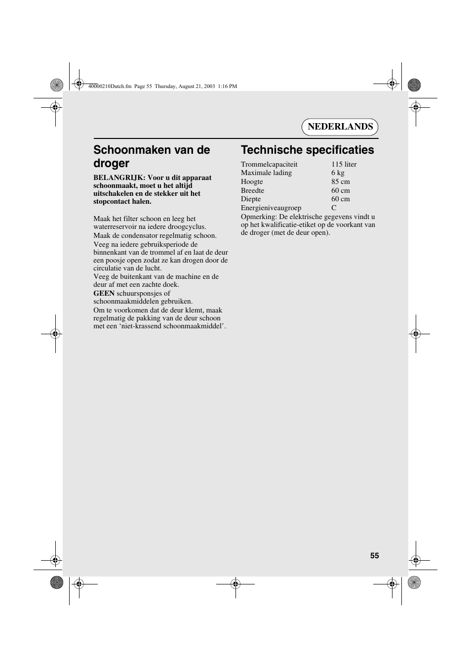 Schoonmaken van de droger, Technische specificaties | Candy AB CDC 263 User Manual | Page 55 / 80