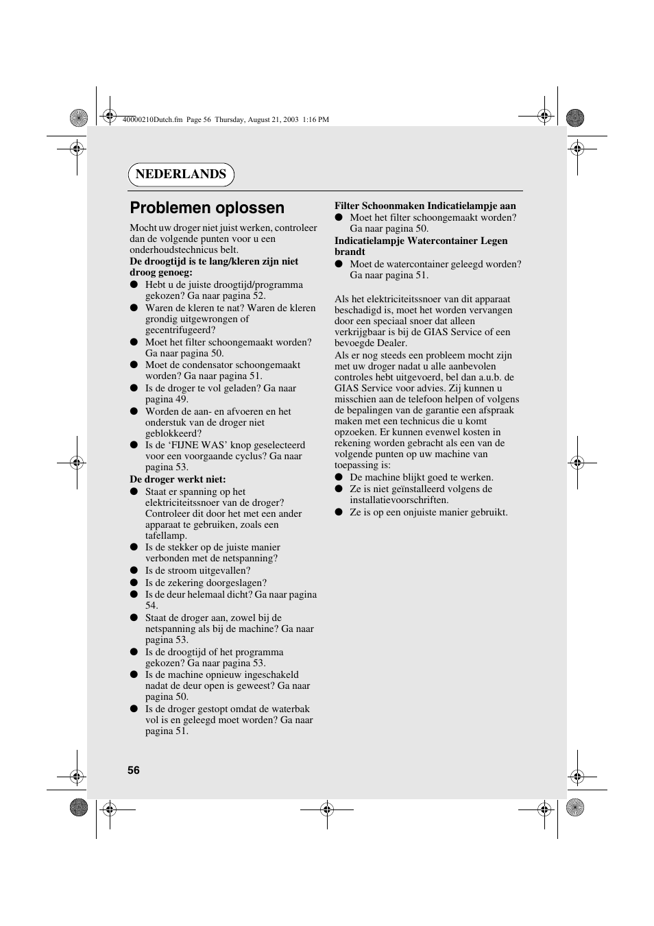 Problemen oplossen, Nederlands | Candy AB CDC 263 User Manual | Page 56 / 80