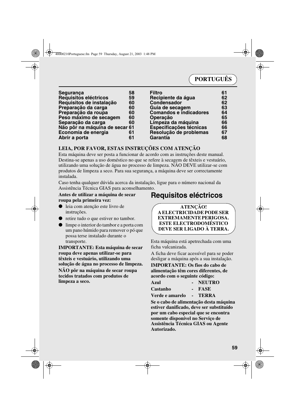 Requisitos eléctricos, Português | Candy AB CDC 263 User Manual | Page 59 / 80