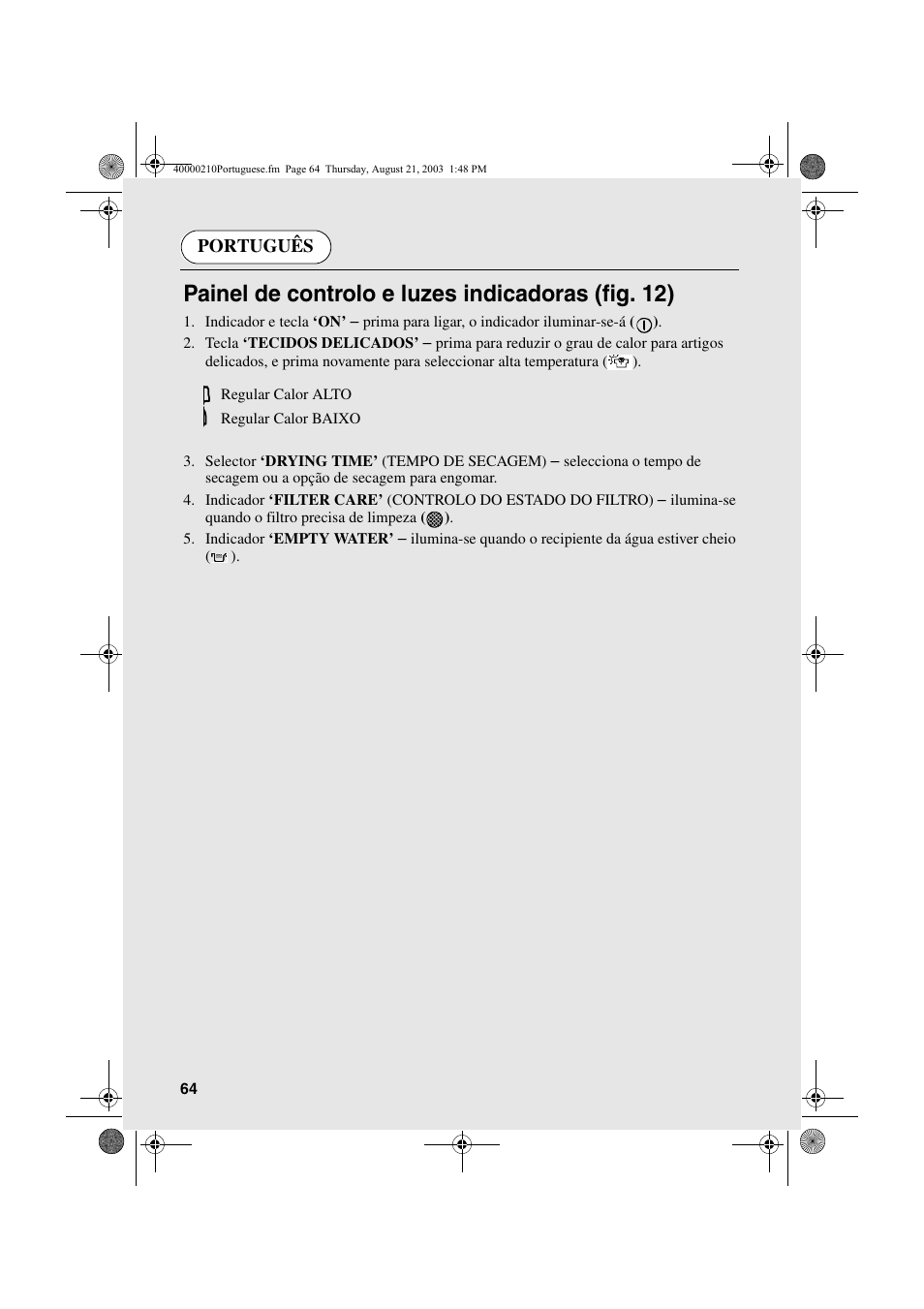 Painel de controlo e luzes indicadoras (fig. 12), Português | Candy AB CDC 263 User Manual | Page 64 / 80
