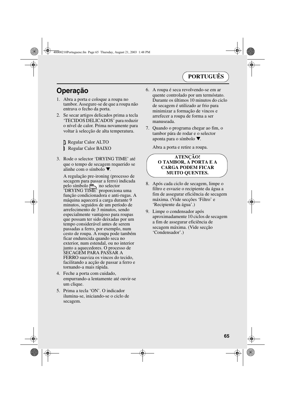 Operação, Português | Candy AB CDC 263 User Manual | Page 65 / 80