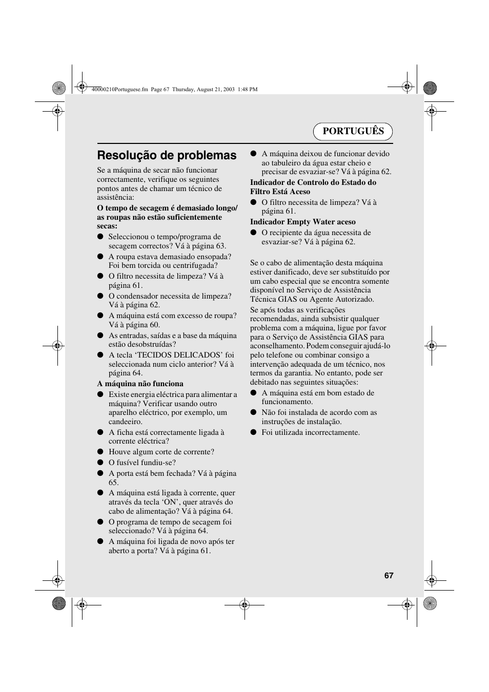 Resolução de problemas, Português | Candy AB CDC 263 User Manual | Page 67 / 80