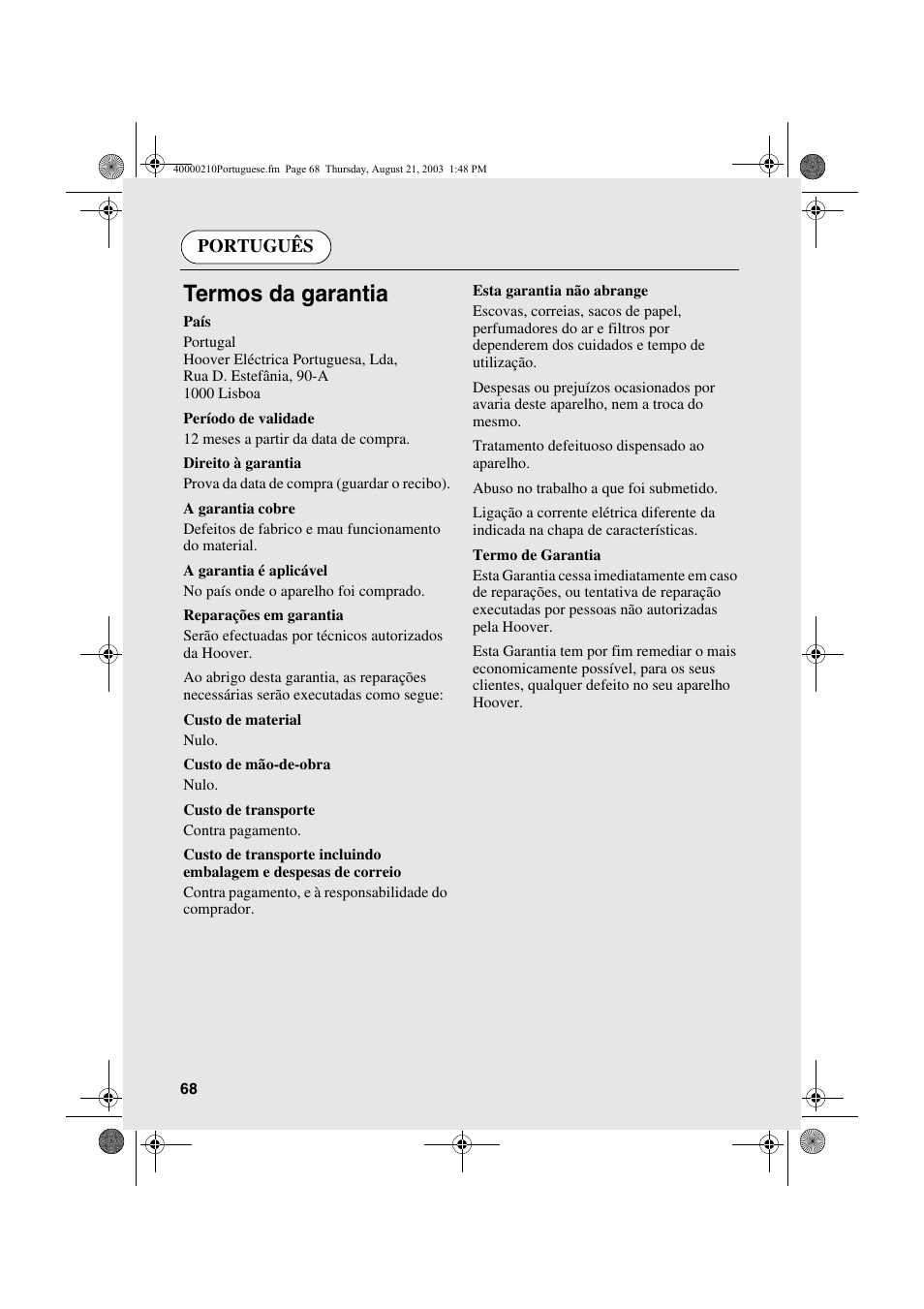 Termos da garantia, Português | Candy AB CDC 263 User Manual | Page 68 / 80