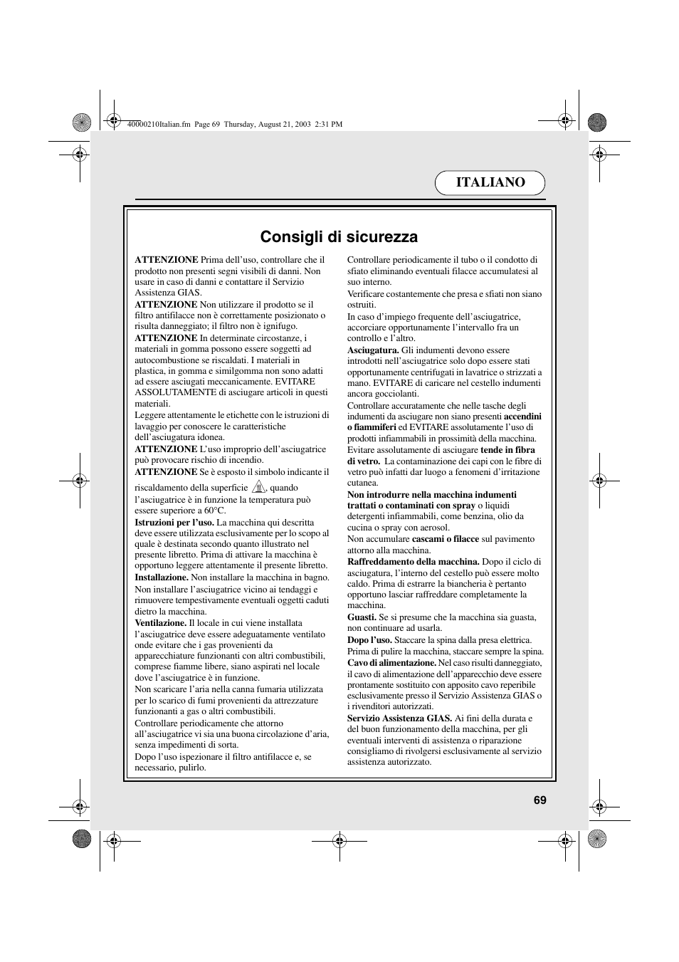 Consigli di sicurezza, Italiano | Candy AB CDC 263 User Manual | Page 69 / 80