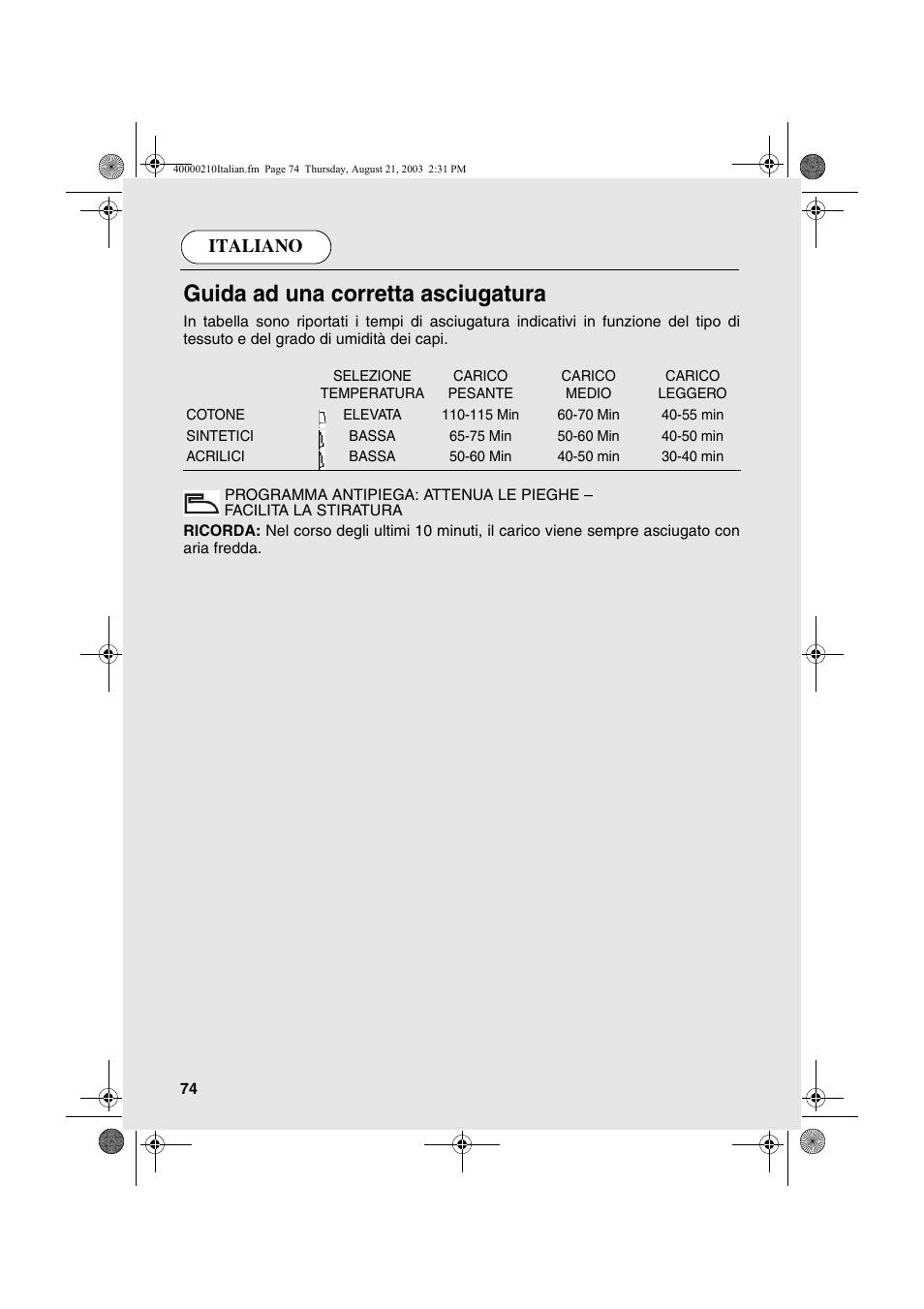 Guida ad una corretta asciugatura, Italiano | Candy AB CDC 263 User Manual | Page 74 / 80