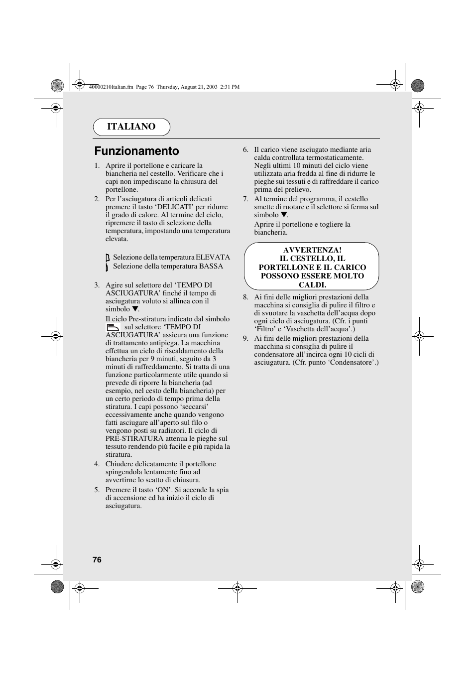 Funzionamento, Italiano | Candy AB CDC 263 User Manual | Page 76 / 80