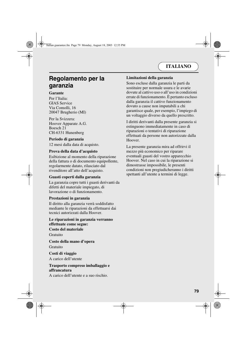 Regolamento per la garanzia, Italiano | Candy AB CDC 263 User Manual | Page 79 / 80