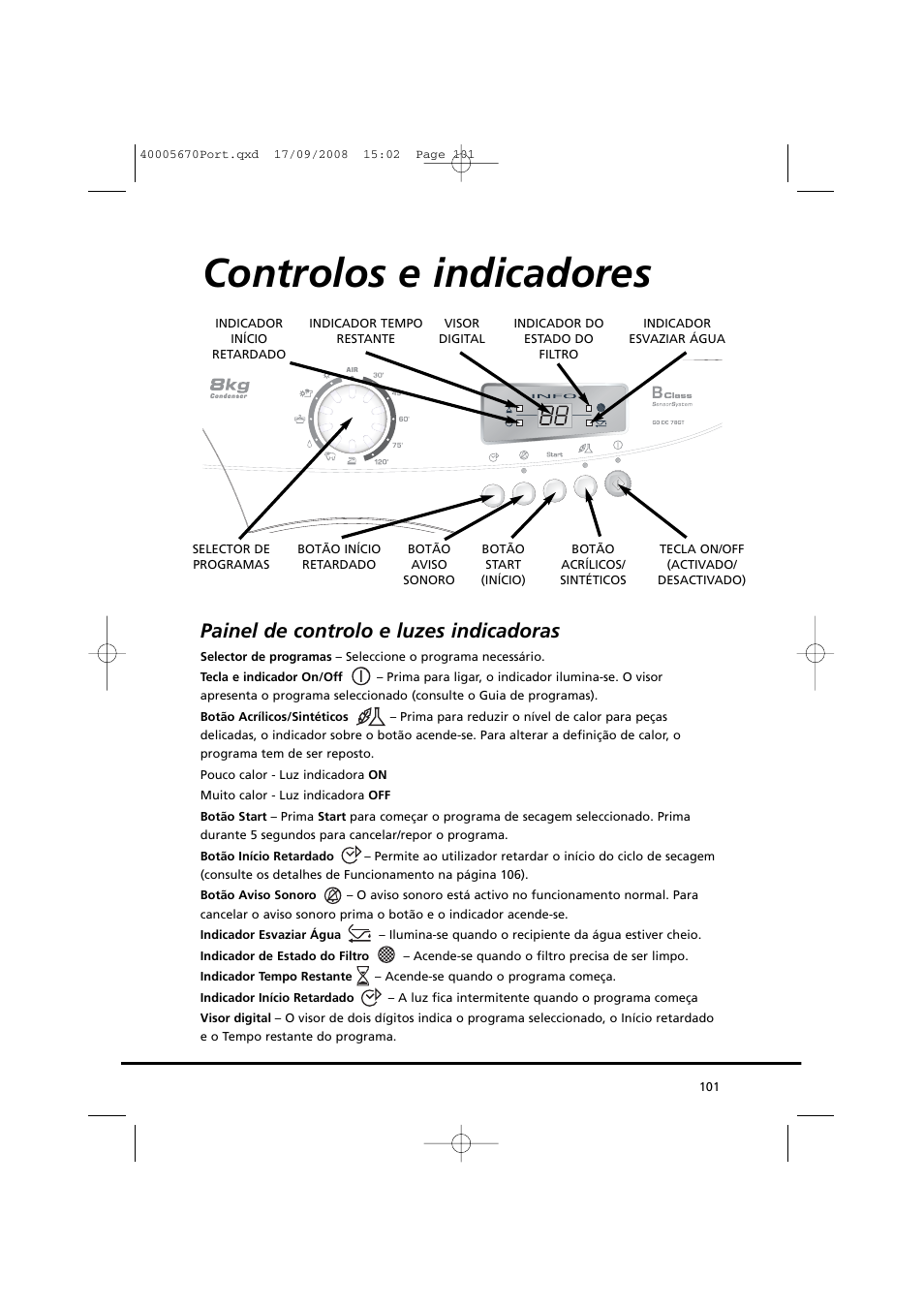 Controlos e indicadores, Painel de controlo e luzes indicadoras | Candy GO DC 78GT-37S User Manual | Page 101 / 110