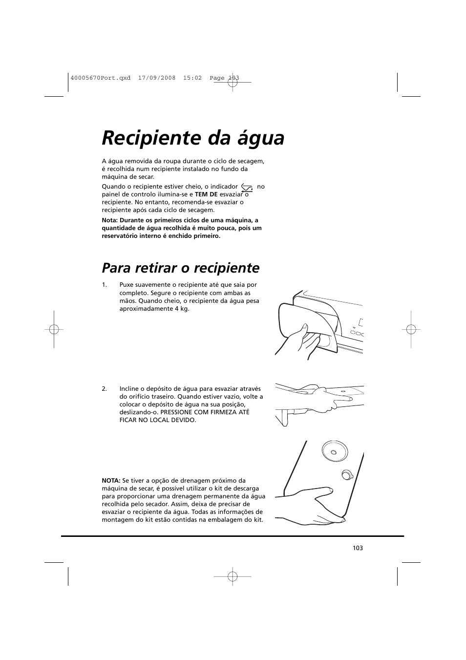 Recipiente da água, Para retirar o recipiente | Candy GO DC 78GT-37S User Manual | Page 103 / 110