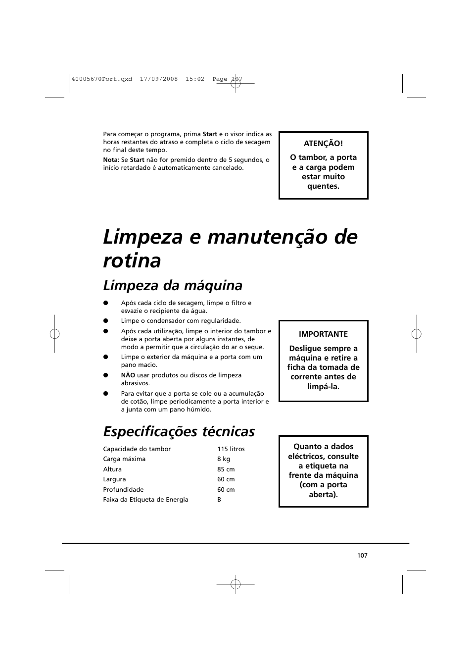 Limpeza e manutenção de rotina, Limpeza da máquina, Especificações técnicas | Candy GO DC 78GT-37S User Manual | Page 107 / 110
