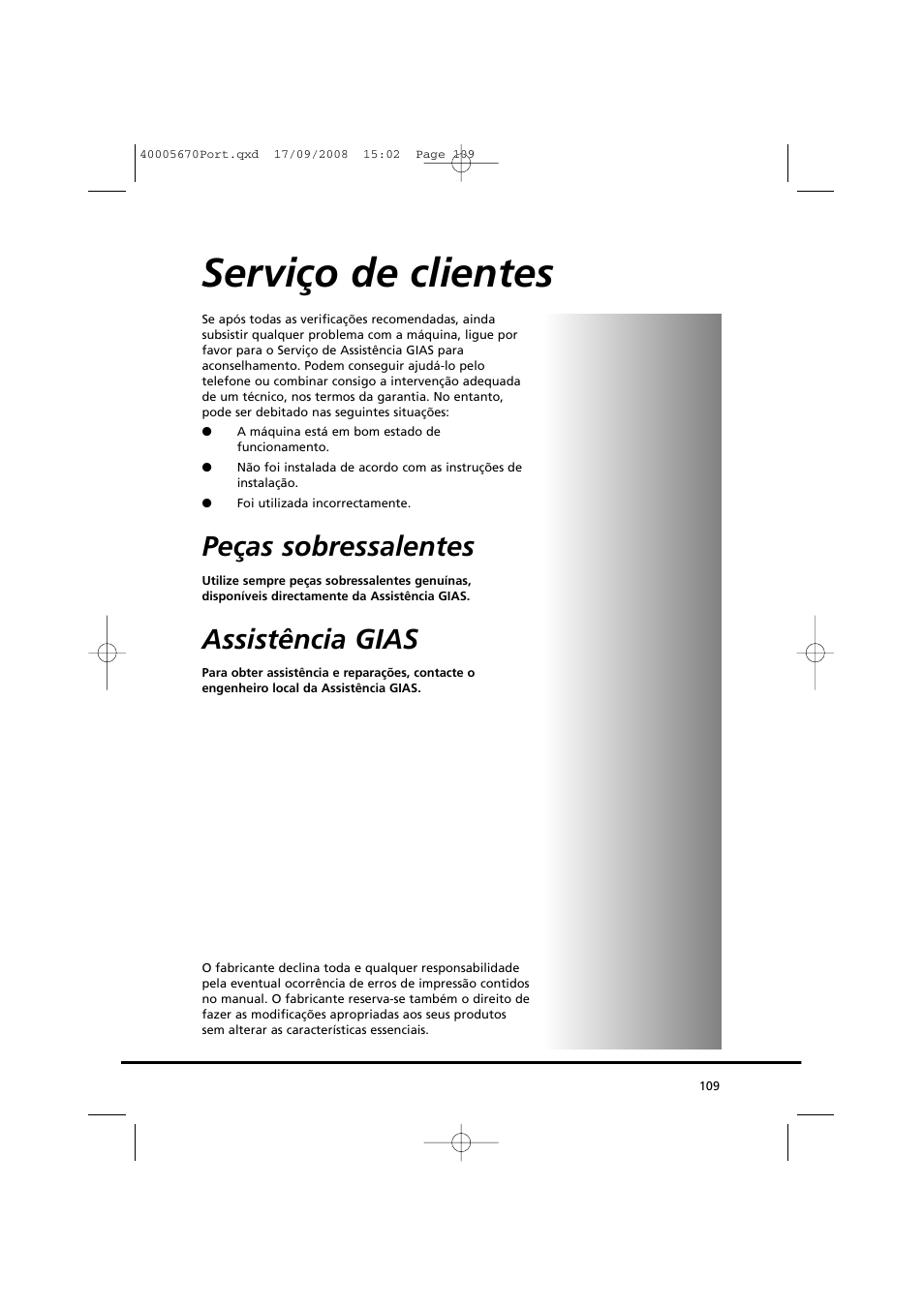 Serviço de clientes, Peças sobressalentes, Assistência gias | Candy GO DC 78GT-37S User Manual | Page 109 / 110