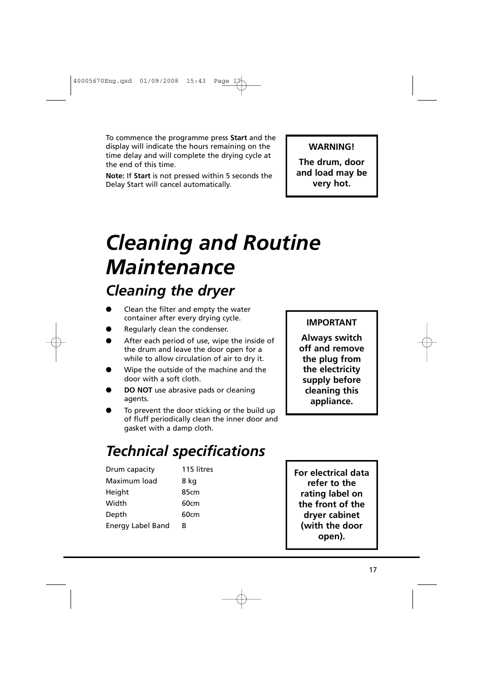 Cleaning and routine maintenance, Cleaning the dryer, Technical specifications | Candy GO DC 78GT-37S User Manual | Page 17 / 110