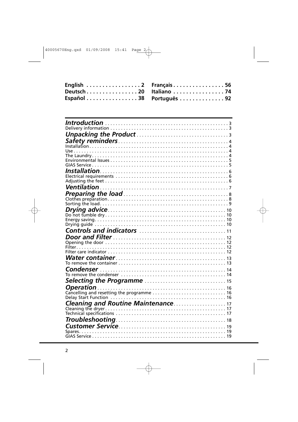 Introduction, Unpacking the product, Safety reminders | Installation, Ventilation, Preparing the load, Drying advice, Controls and indicators, Door and filter, Water container | Candy GO DC 78GT-37S User Manual | Page 2 / 110