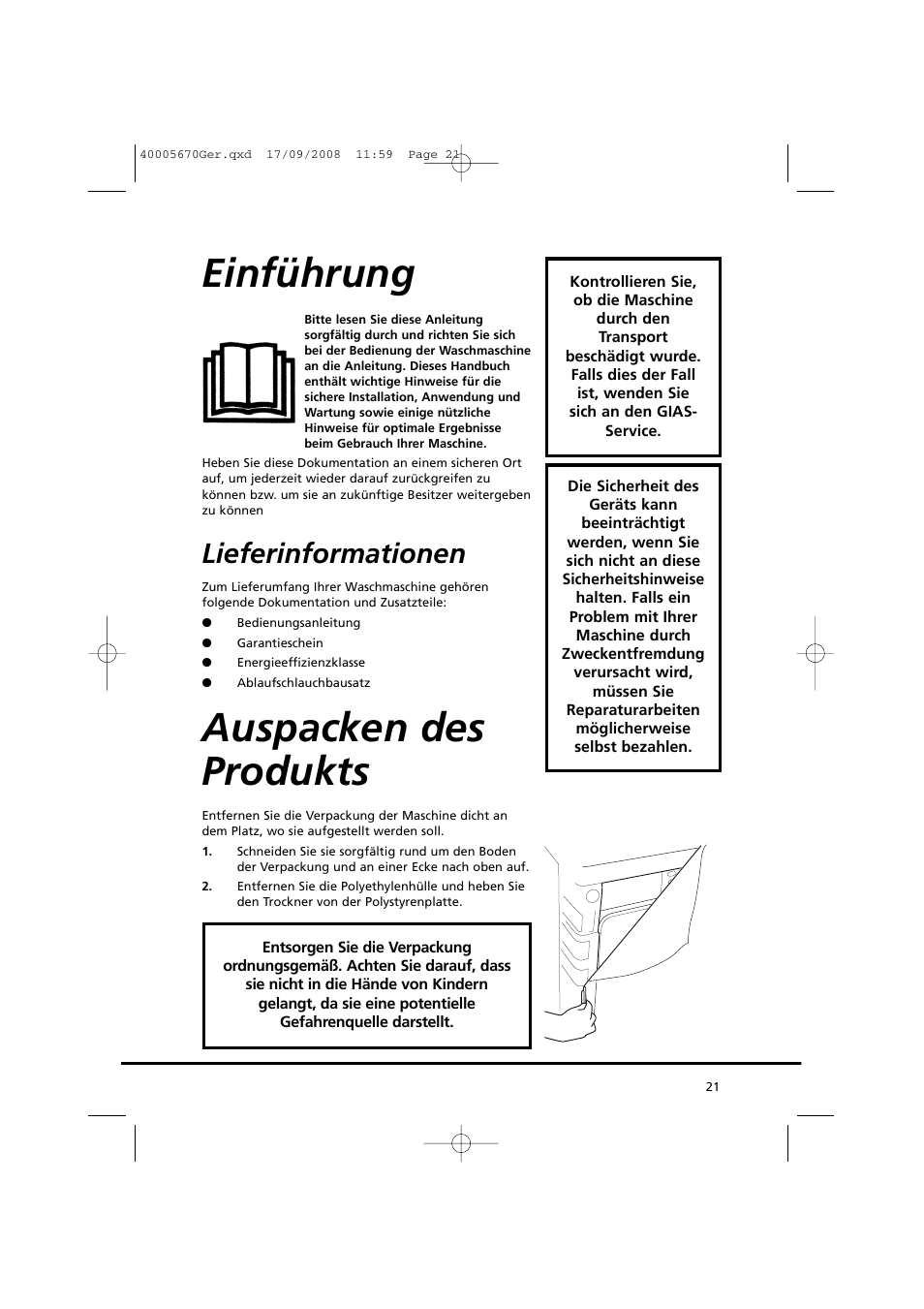 Einführung, Auspacken des produkts, Lieferinformationen | Candy GO DC 78GT-37S User Manual | Page 21 / 110