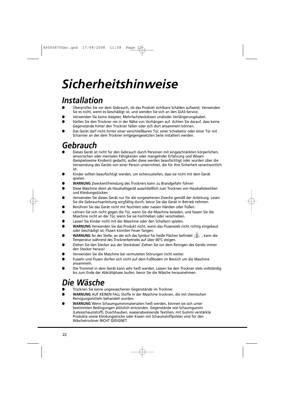 Sicherheitshinweise, Installation, Gebrauch | Die wäsche | Candy GO DC 78GT-37S User Manual | Page 22 / 110