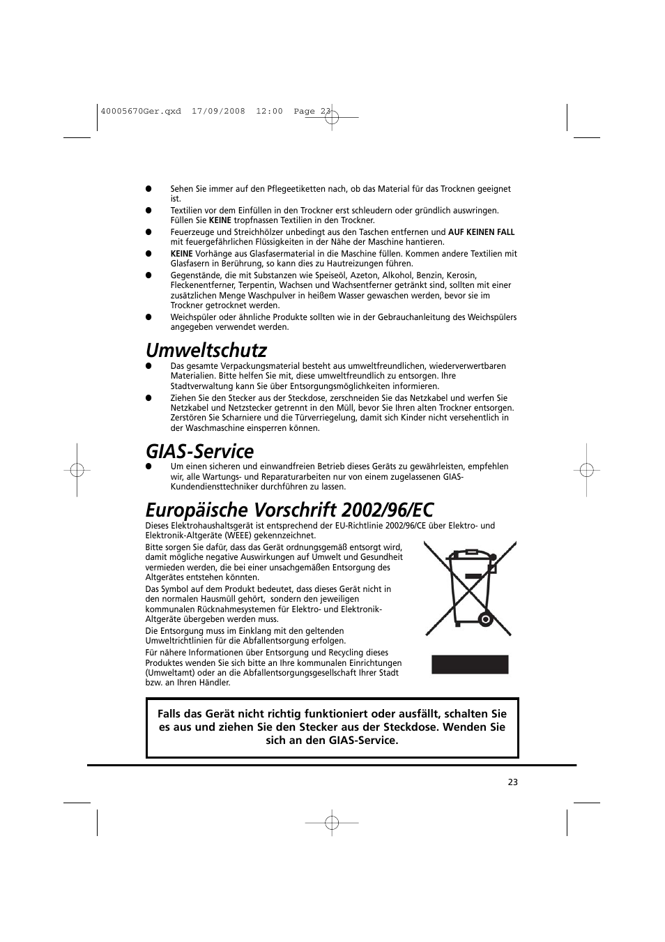 Umweltschutz, Gias-service | Candy GO DC 78GT-37S User Manual | Page 23 / 110