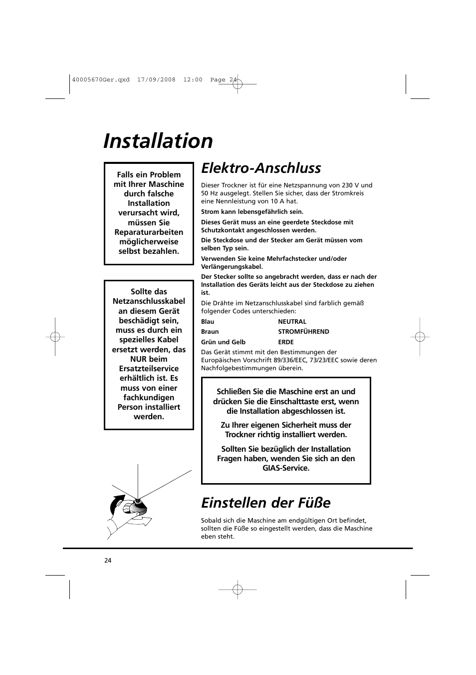 Installation, Elektro-anschluss, Einstellen der füße | Candy GO DC 78GT-37S User Manual | Page 24 / 110