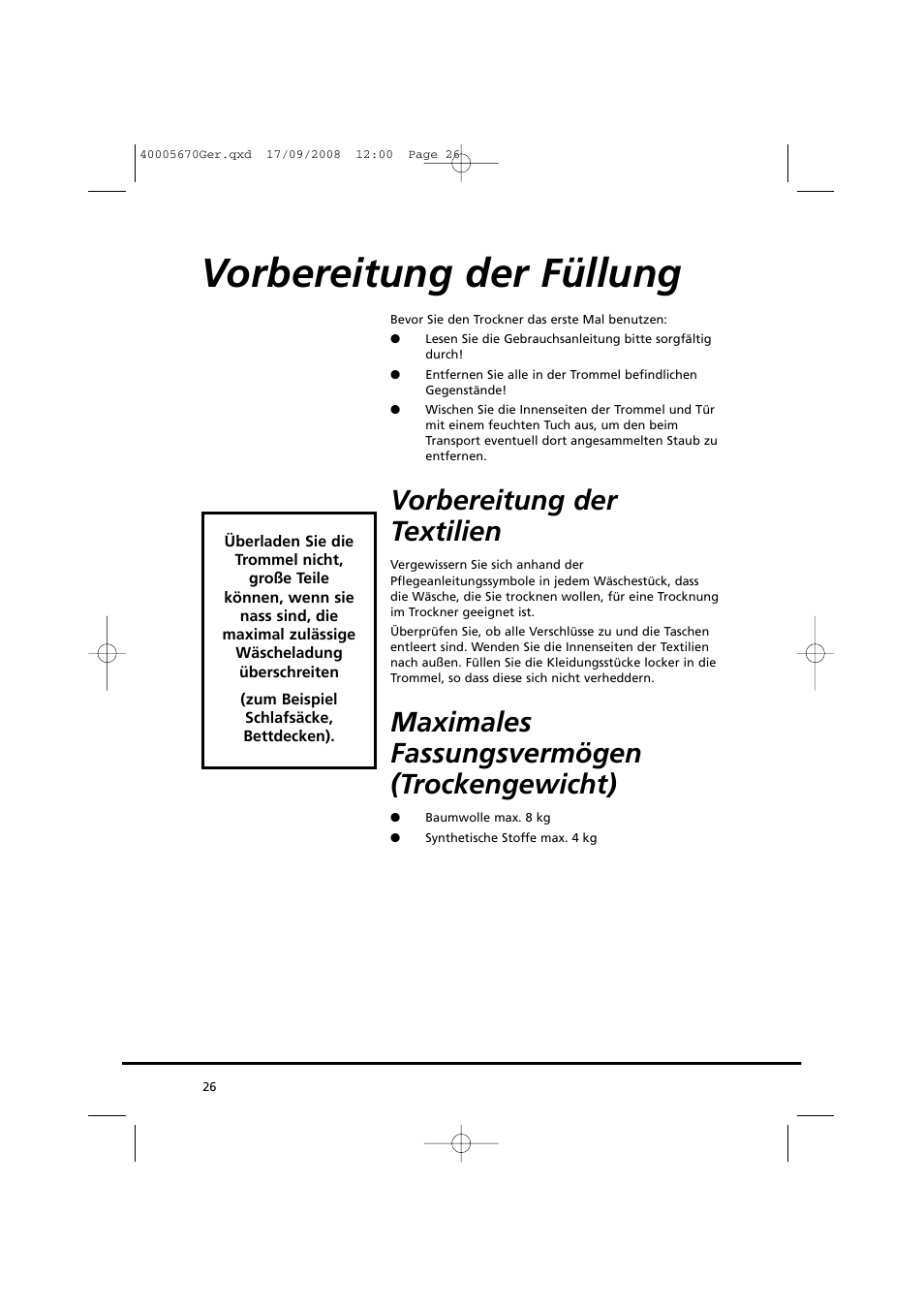 Vorbereitung der füllung, Vorbereitung der textilien, Maximales fassungsvermögen (trockengewicht) | Candy GO DC 78GT-37S User Manual | Page 26 / 110