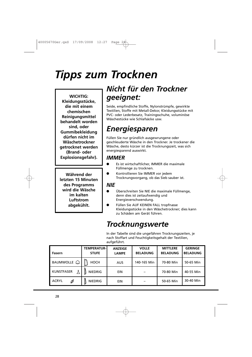 Tipps zum trocknen, Nicht für den trockner geeignet, Energiesparen | Trocknungswerte, Immer | Candy GO DC 78GT-37S User Manual | Page 28 / 110