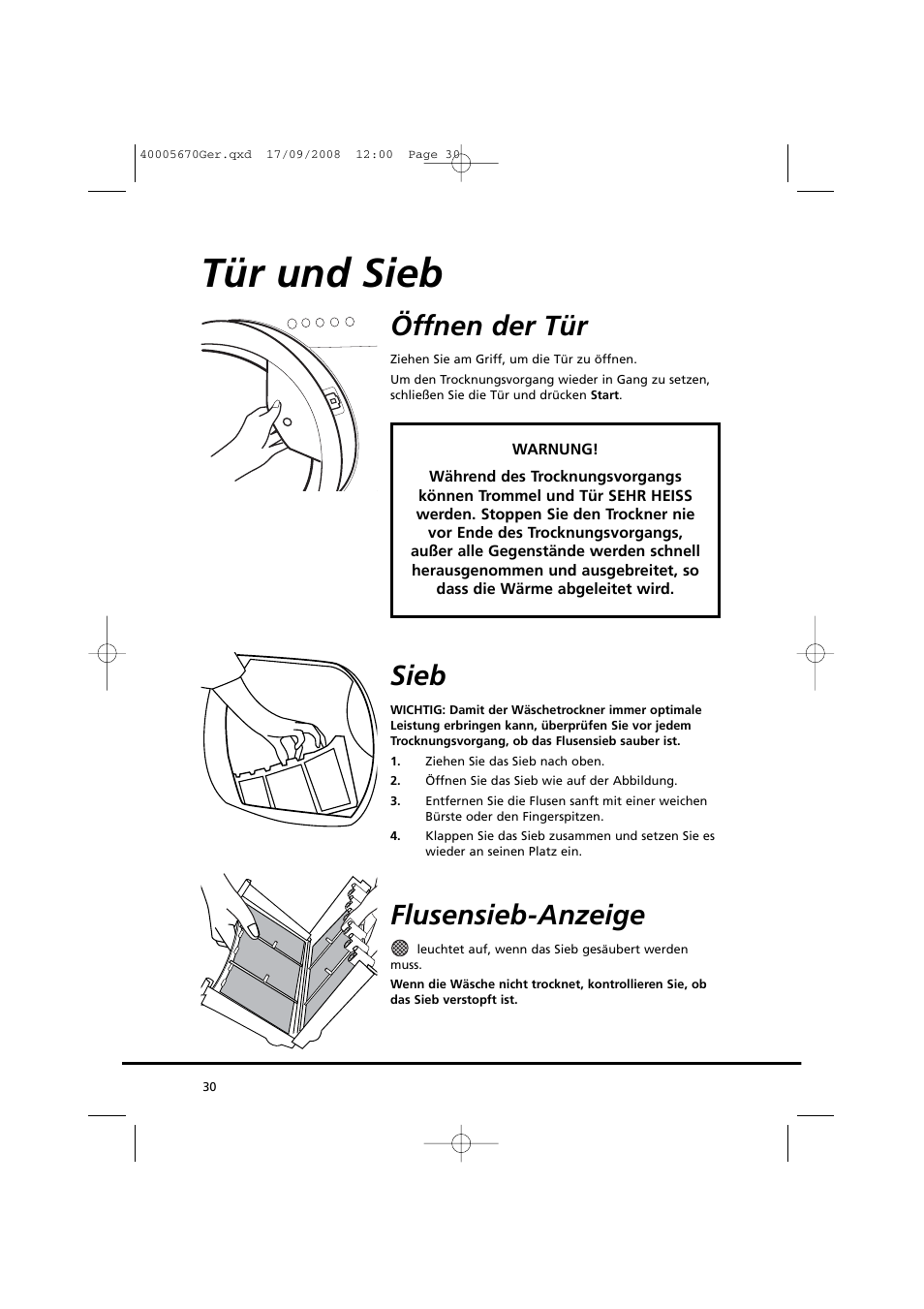 Tür und sieb, Öffnen der tür, Sieb | Flusensieb-anzeige | Candy GO DC 78GT-37S User Manual | Page 30 / 110