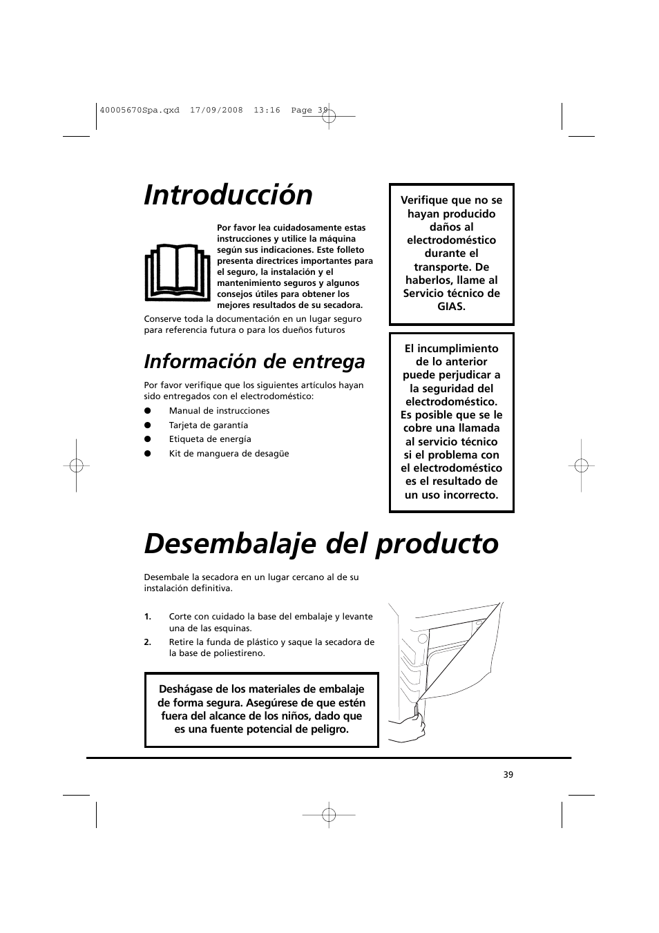 Introducción, Desembalaje del producto, Información de entrega | Candy GO DC 78GT-37S User Manual | Page 39 / 110