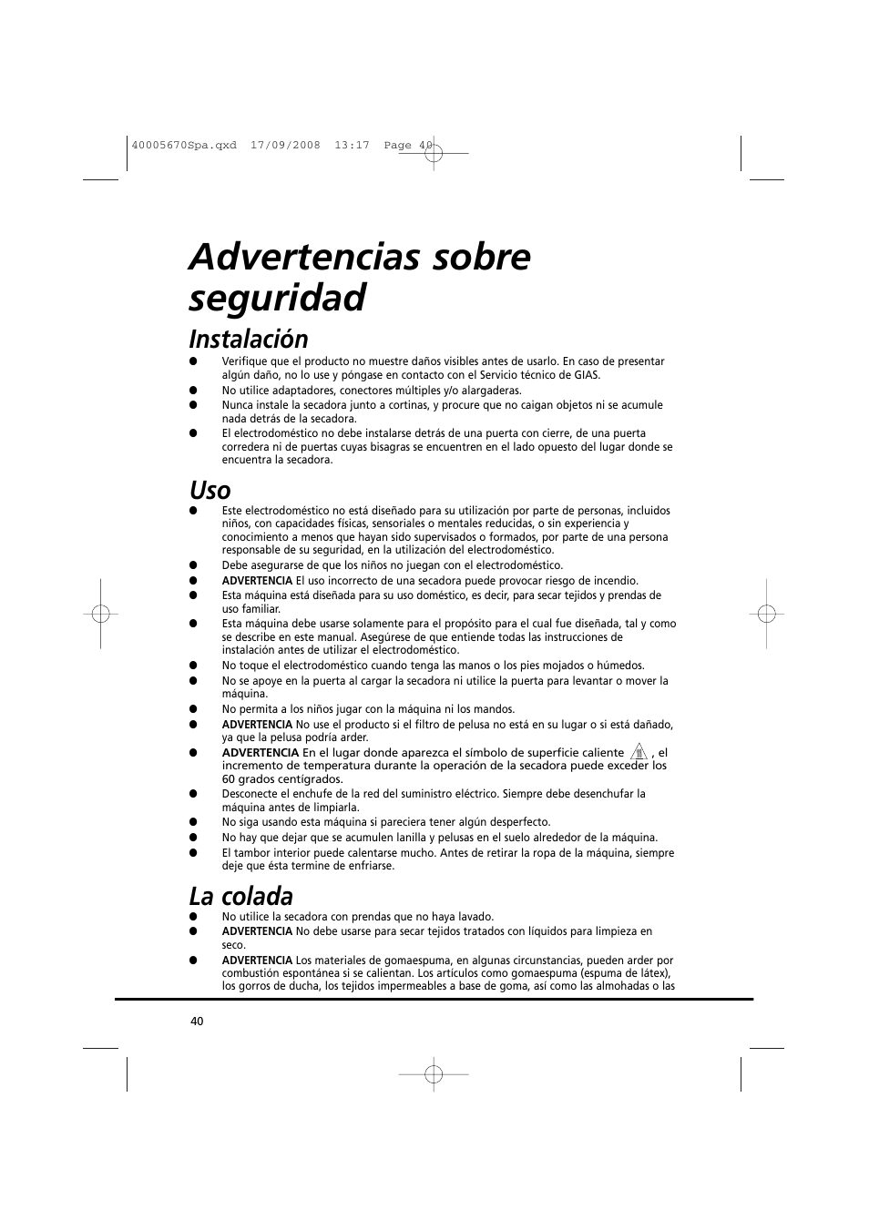 Advertencias sobre seguridad, Instalación, La colada | Candy GO DC 78GT-37S User Manual | Page 40 / 110