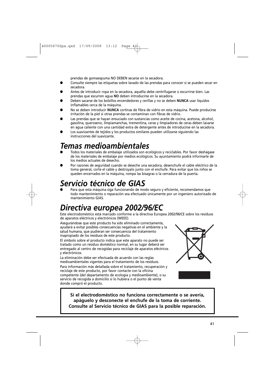 Temas medioambientales, Servicio técnico de gias | Candy GO DC 78GT-37S User Manual | Page 41 / 110