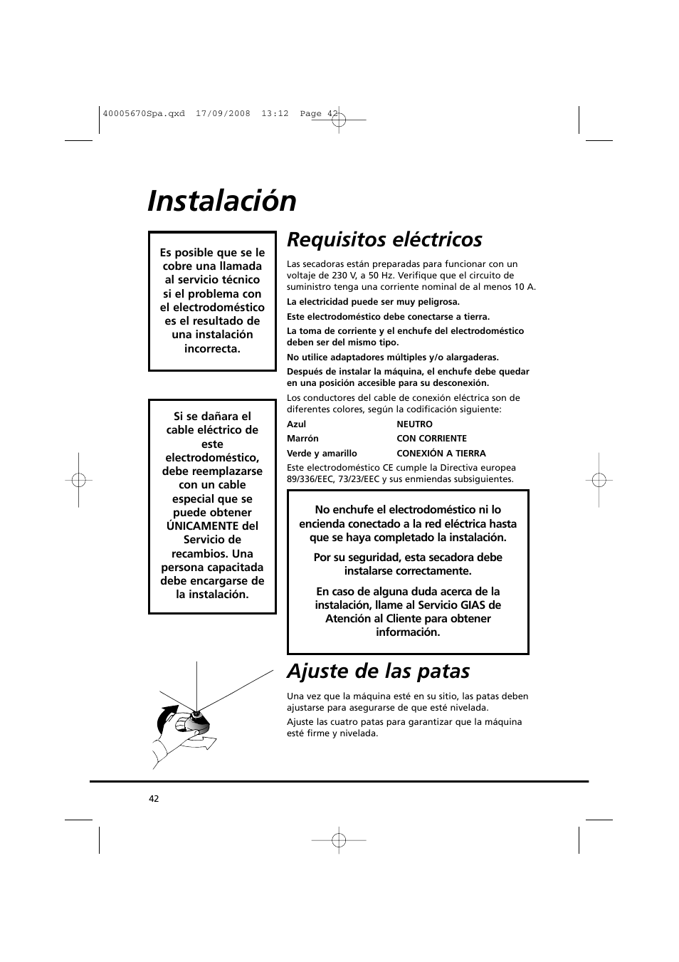 Instalación, Requisitos eléctricos, Ajuste de las patas | Candy GO DC 78GT-37S User Manual | Page 42 / 110
