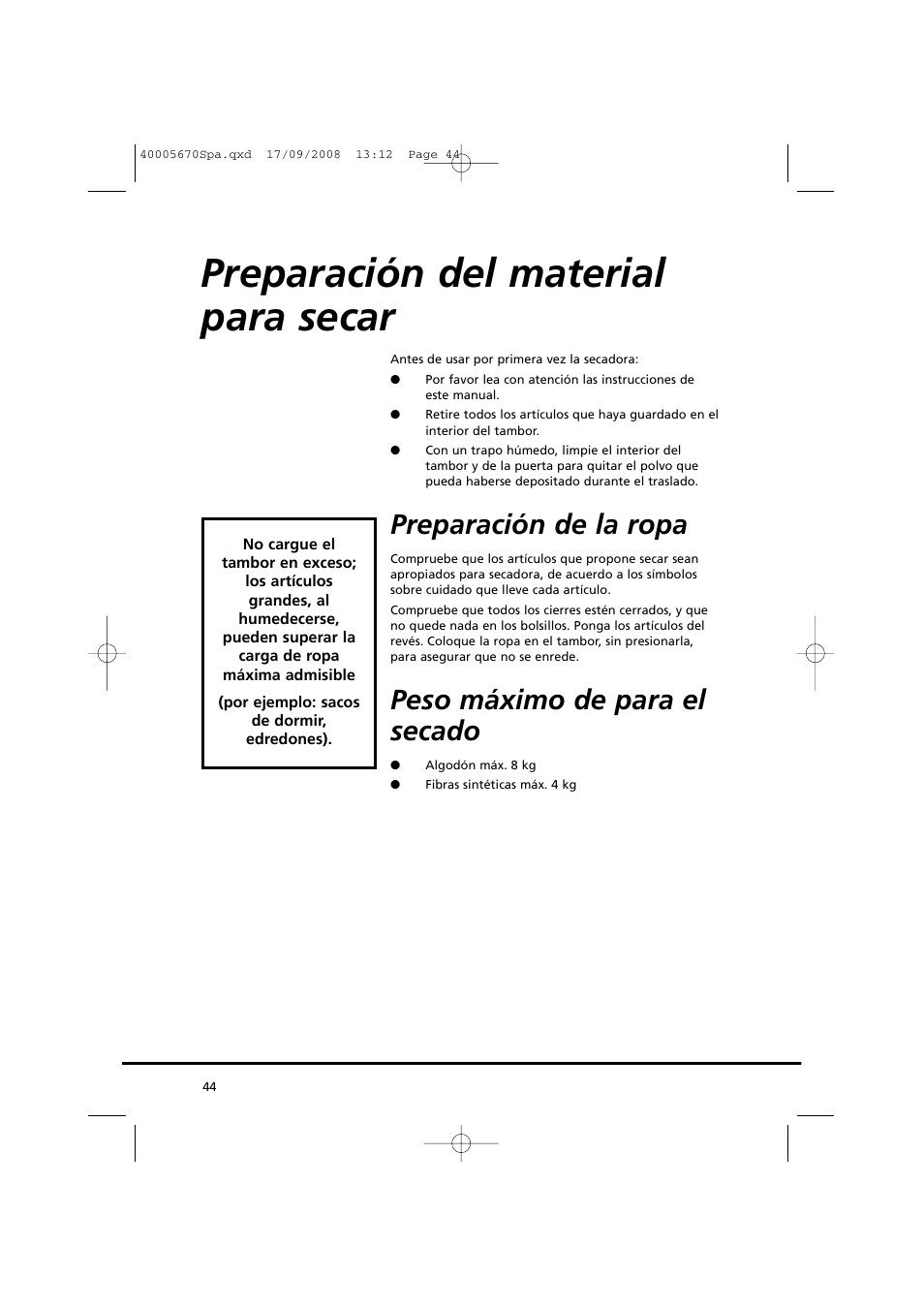 Preparación del material para secar, Preparación de la ropa, Peso máximo de para el secado | Candy GO DC 78GT-37S User Manual | Page 44 / 110