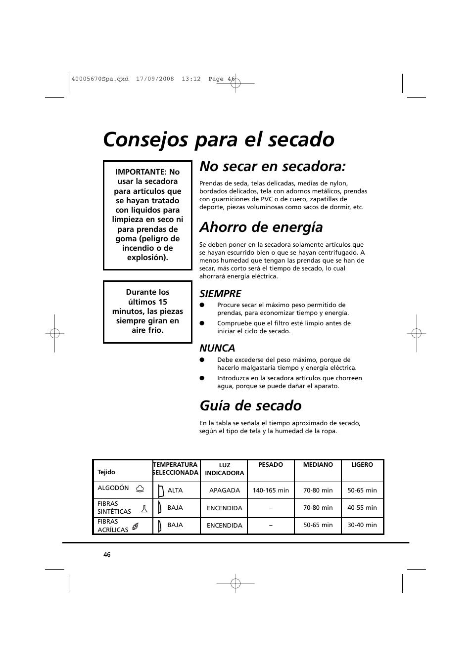Consejos para el secado, No secar en secadora, Ahorro de energía | Guía de secado, Siempre, Nunca | Candy GO DC 78GT-37S User Manual | Page 46 / 110