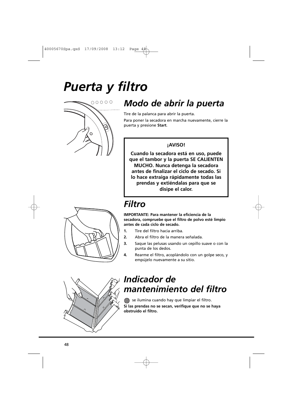Puerta y filtro, Modo de abrir la puerta, Filtro | Indicador de mantenimiento del filtro | Candy GO DC 78GT-37S User Manual | Page 48 / 110