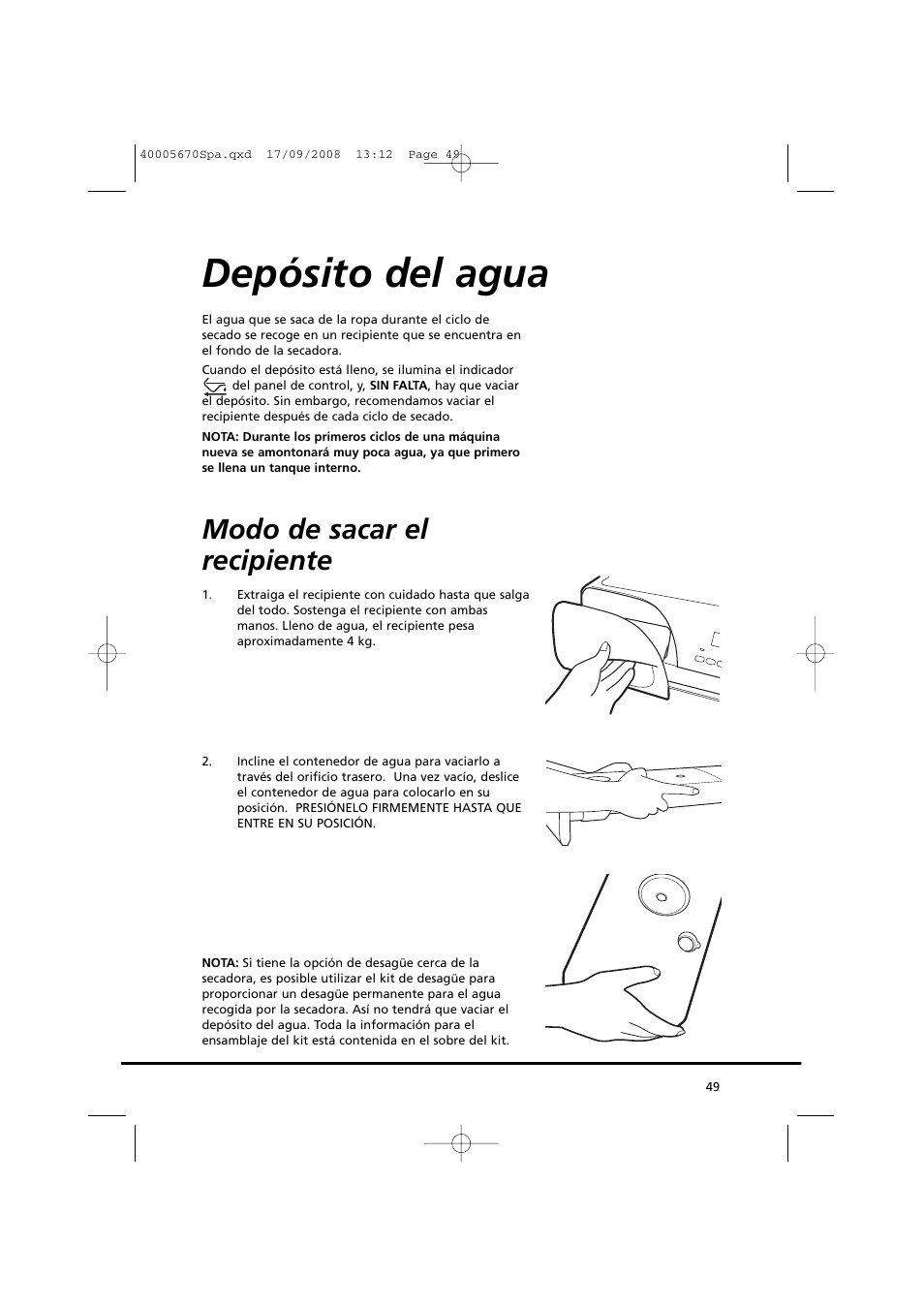 Depósito del agua, Modo de sacar el recipiente | Candy GO DC 78GT-37S User Manual | Page 49 / 110