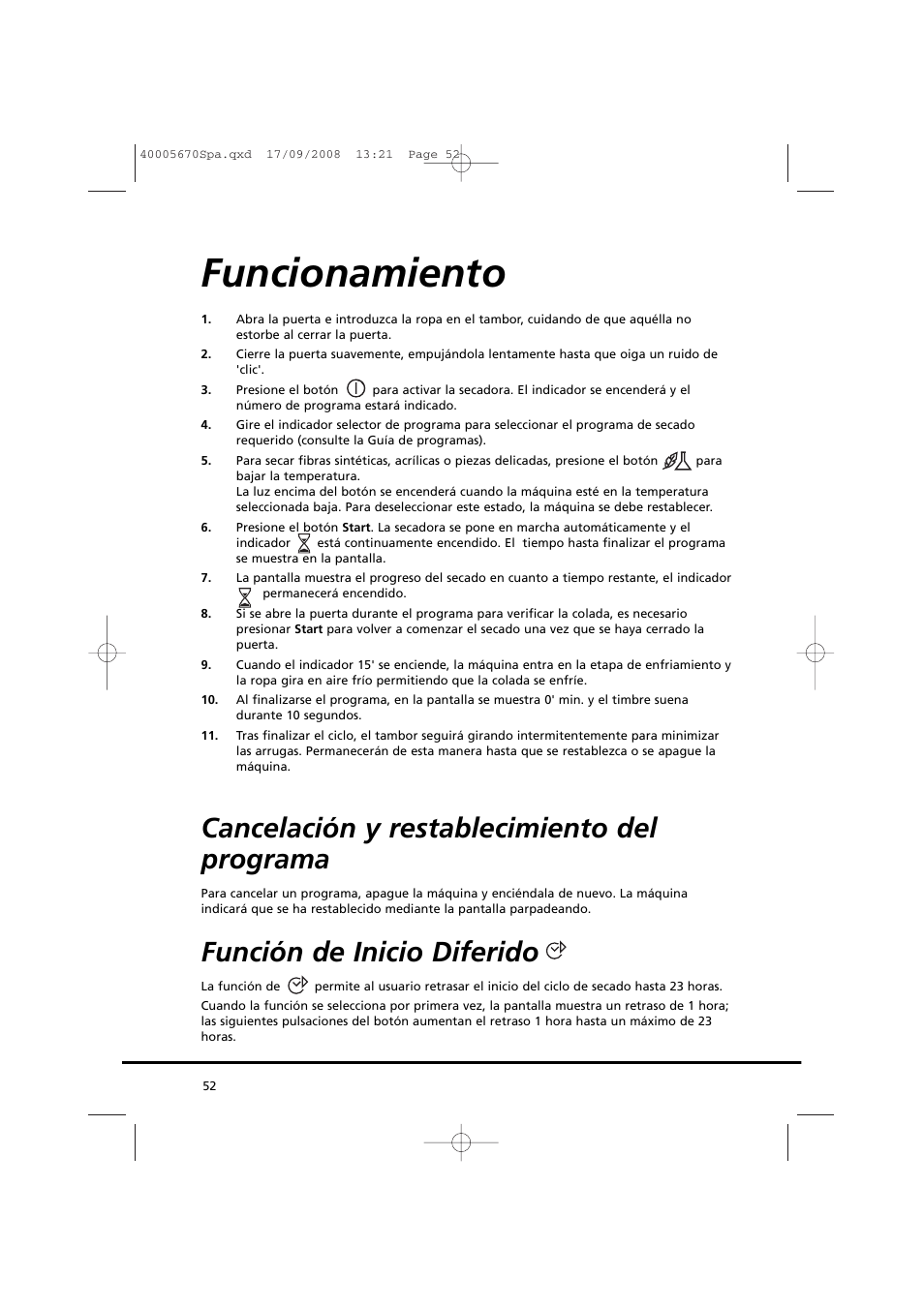 Funcionamiento, Cancelación y restablecimiento del programa, Función de inicio diferido | Candy GO DC 78GT-37S User Manual | Page 52 / 110