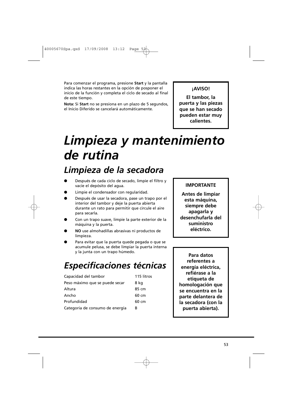 Limpieza y mantenimiento de rutina, Limpieza de la secadora, Especificaciones técnicas | Candy GO DC 78GT-37S User Manual | Page 53 / 110